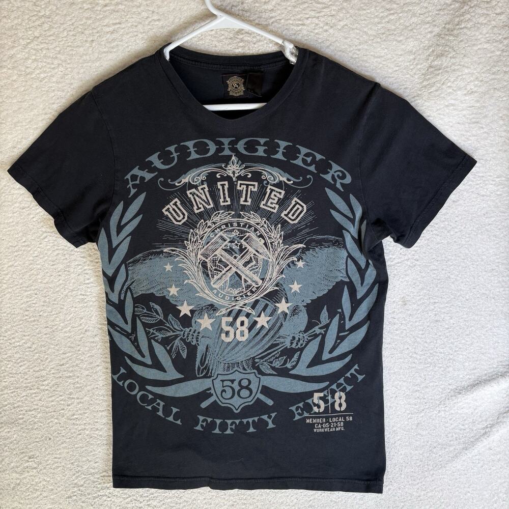 Christian Audigier Shirt Mens Medium Black Local 58 Double Sided Graphic Tee